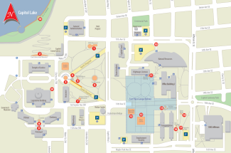 map of Capitol Campus highlighting the memorials and artwork locations by numbered list.