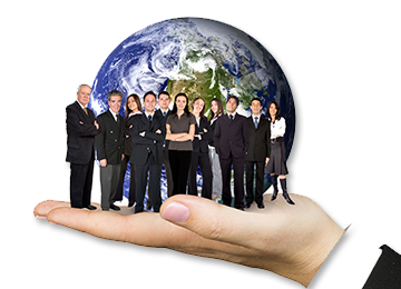 Picture of a crowd of business people standing in front of the Earth ready to help