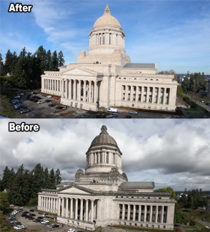 Before cleaning and after cleaning picture of the Capitol Building.