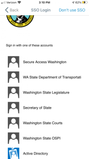 Screenshot of the Single Sign On screen asking you to choose your agency or the Active Directory.