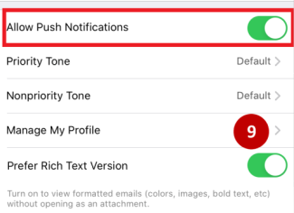 Screenshot of the 'Allow Push Notifications' is active/on, then click 'Manage My Profile.'