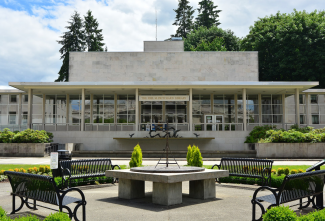 Joel M. Pritchard Library as viewed from the front on a sunny day.