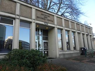 Looking at the front door of the State Archives Building