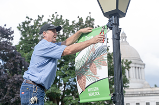 Keith Peterson hangs new banners of state symbols on the Capitol Campus