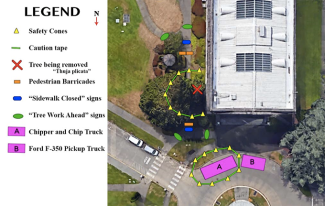 Map of the tree work area planned for Dec. 4, 2019, on the NorthEast corner of the Insurance Building.