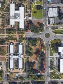 A map of East Capitol Campus with red areas outlining where the tree work will occur. 