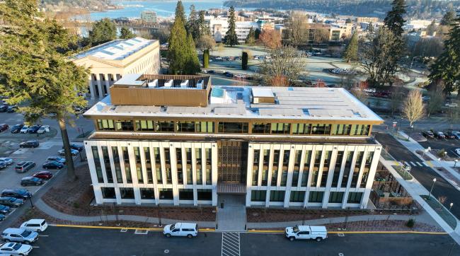 An elevated view looking down at an angle that shows the top and North side of the Irving R. Newhouse Building.