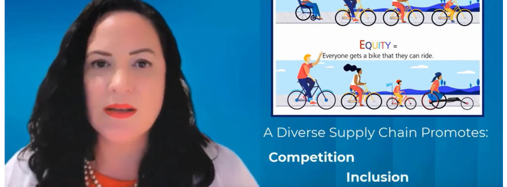 Screenshot from video. Screen says, "Equality=everyone gets the same sized bike or nothing at all. Equity=Everyone gets a bike that they can ride. A diverse supply chain promotes competition, inclusion, and transparency."