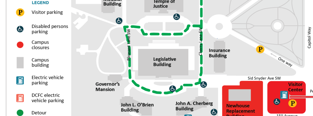 Capitol Campus map showing closed part of 12th Ave SW and driving detour which uses Cherry Lane SW and Pleasant Lane SW.