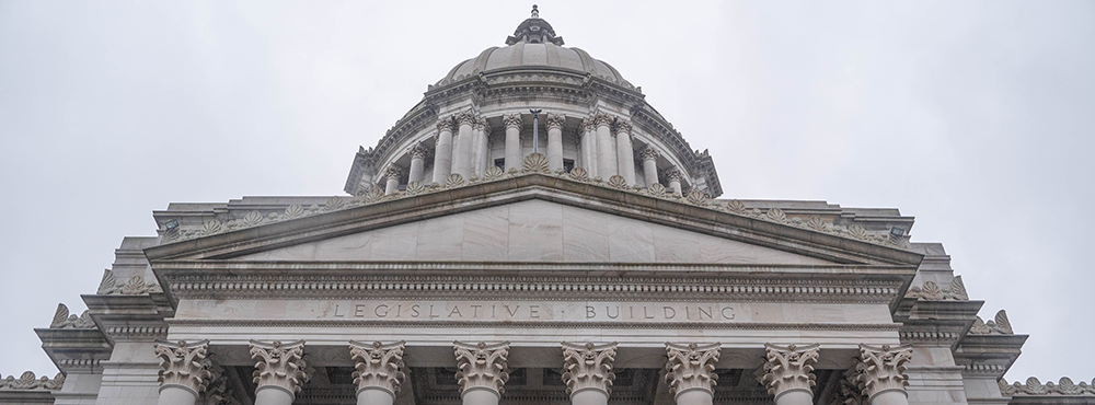 Looking up to the top third of the Washington State Legislative Building from below