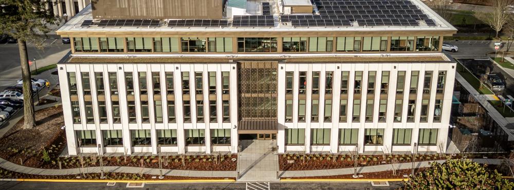An aerial view of the south side of the Newhouse Building. Parts of the West Campus lawn and the Insurance Building are visible in the background. Photo courtesy of TVW.