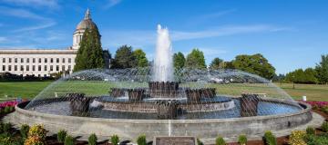The classic Olmsted turf oval and Great Lawn surround the fountain and color planting, with Olmsted specified trees forming a pleasant green background.