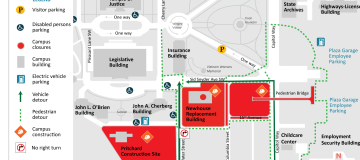 A map showing the closure 15th Avenue Southwest between Capitol Way through the intersection with Columbia Street Southwest.