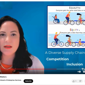 Screenshot from video. Screen says, "Equality=everyone gets the same sized bike or nothing at all. Equity=Everyone gets a bike that they can ride. A diverse supply chain promotes competition, inclusion, and transparency."